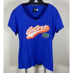 Russell Athletic Florida Gators Graphic Vintage Style Blue V-Neck T-Shirt Size L